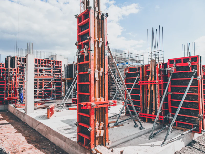 Obra em fase de estrutura, com fôrmas vermelhas, escoramentos e armaduras de aço